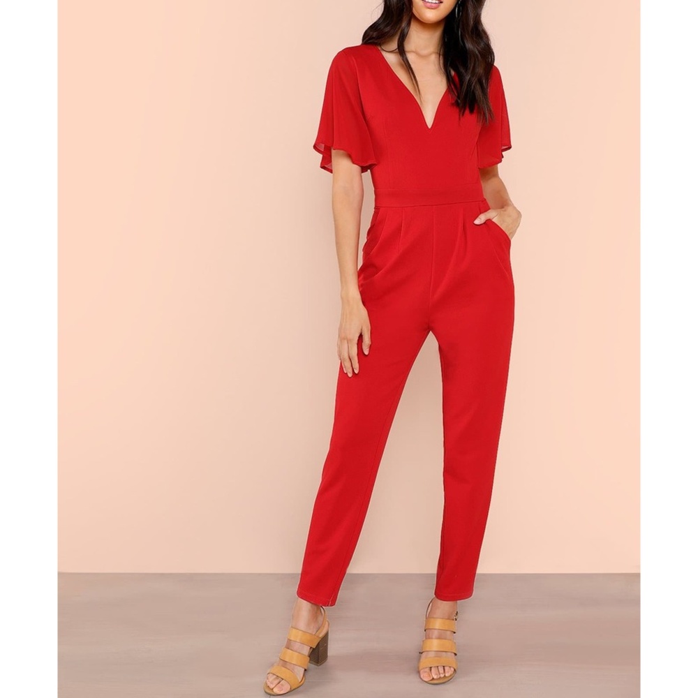 Red V Neck Flutter Sleeve Cocktail Jumpsuit